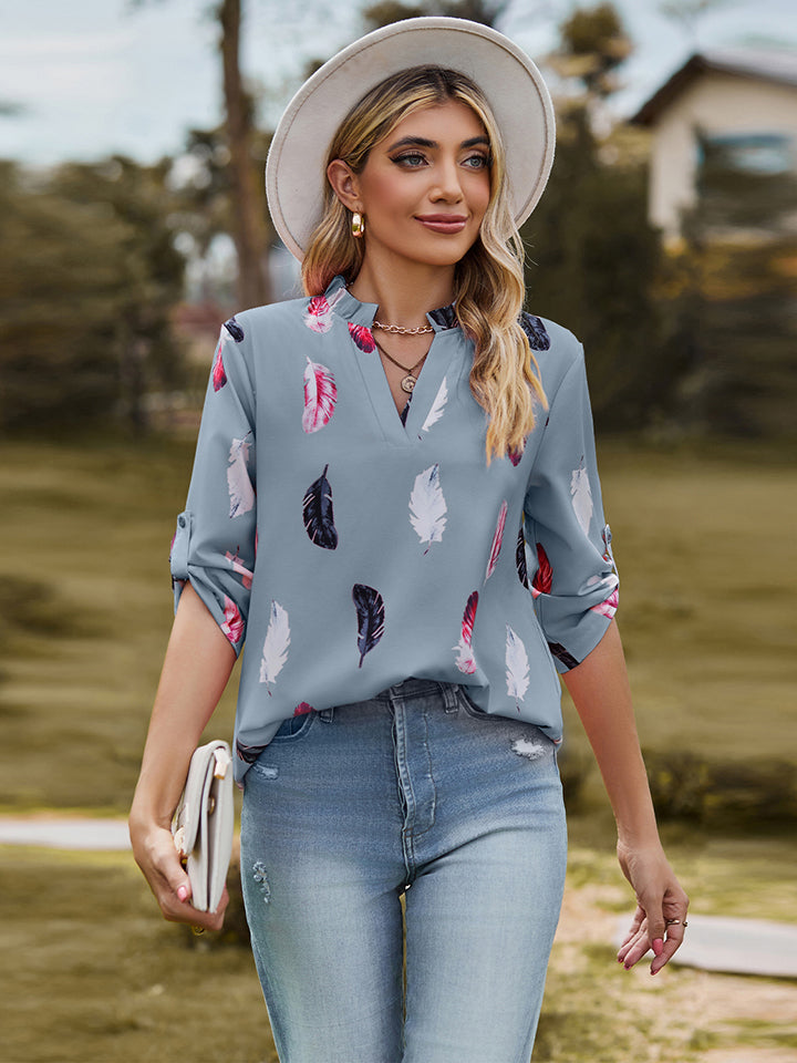 Printed Roll-Tab Sleeve Notched Neck Blouse - Women’s Clothing & Accessories - Shirts & Tops - 6 - 2024