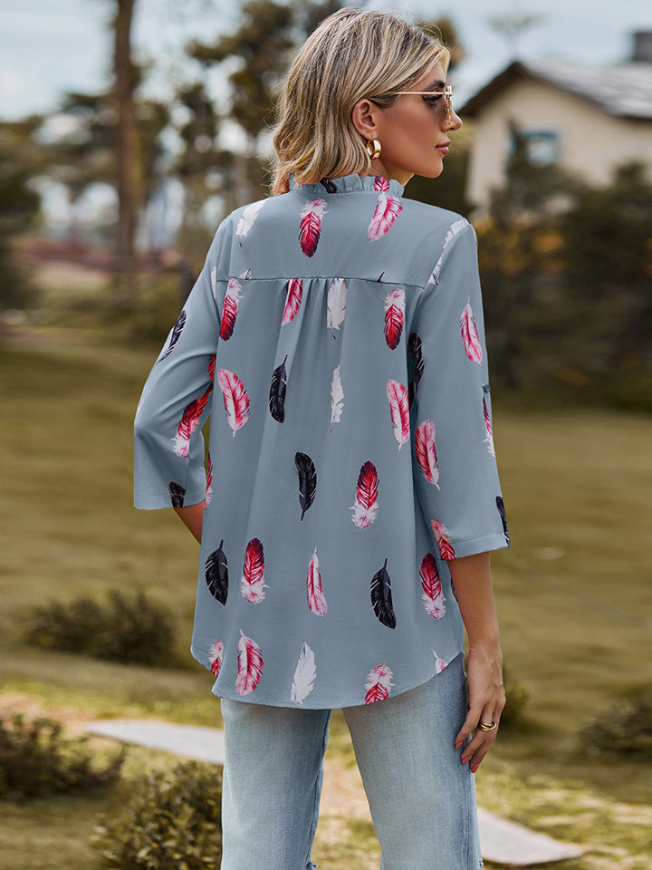 Printed Roll-Tab Sleeve Notched Neck Blouse - Women’s Clothing & Accessories - Shirts & Tops - 8 - 2024