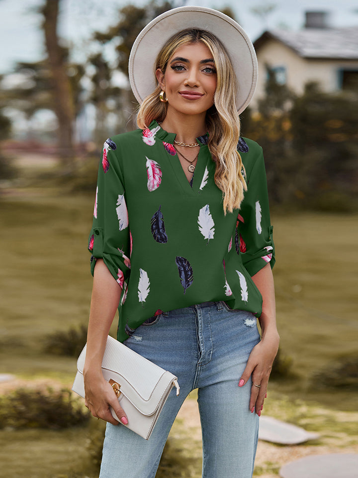 Printed Roll-Tab Sleeve Notched Neck Blouse - Green / S - Women’s Clothing & Accessories - Shirts & Tops - 9 - 2024