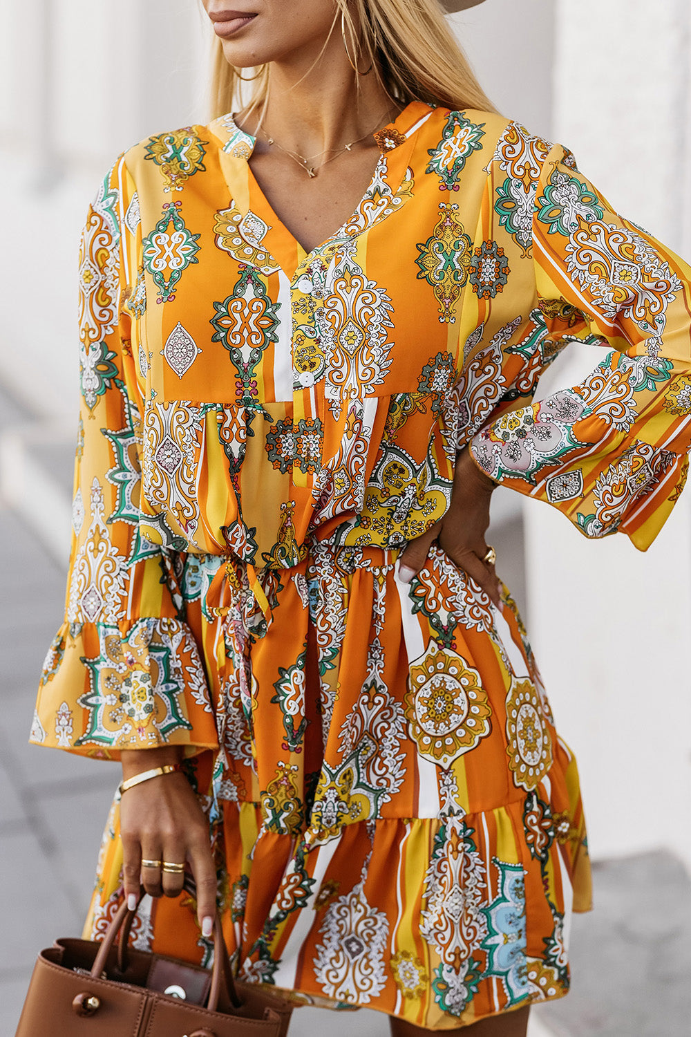 Printed Notched Neck Flounce Sleeve Dress - All Dresses - Dresses - 3 - 2024