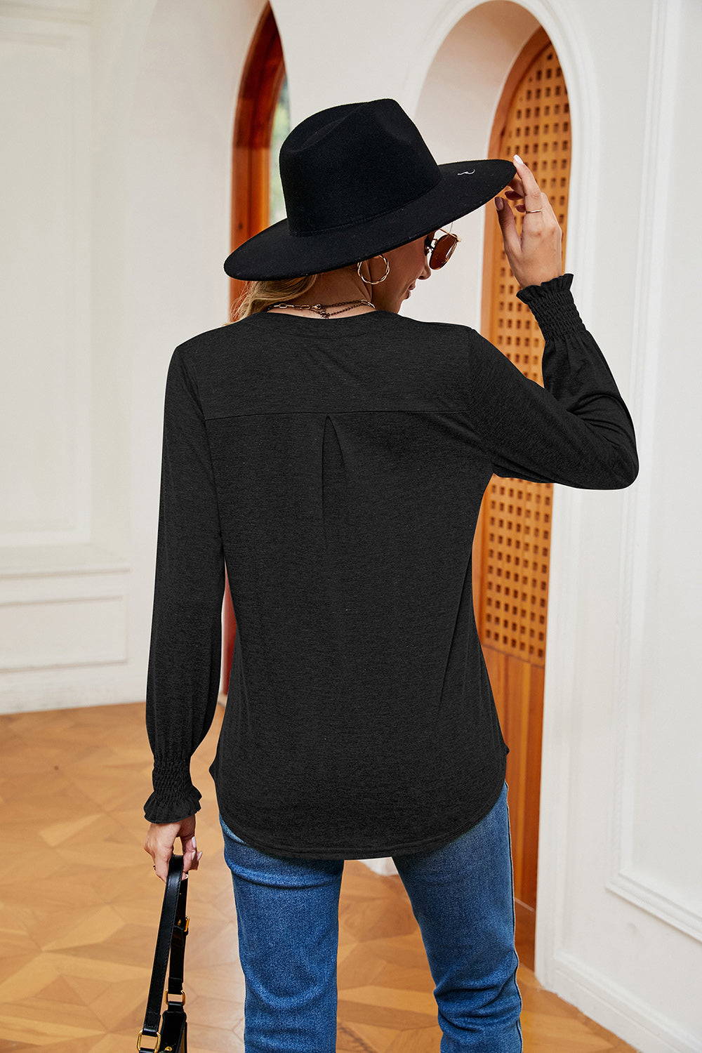 Notched Neck Long Sleeve Blouse - T-Shirts - Shirts & Tops - 20 - 2024