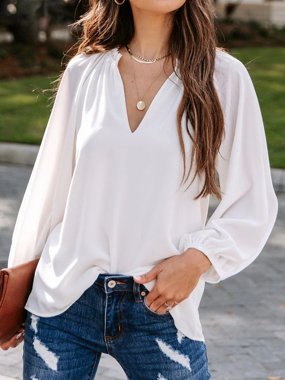 Notched Neck Long Sleeve Blouse - Women’s Clothing & Accessories - Shirts & Tops - 7 - 2024