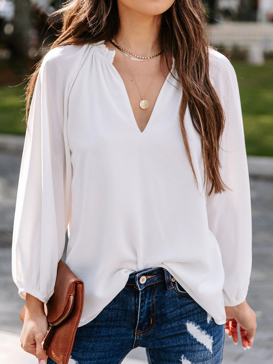 Notched Neck Long Sleeve Blouse - White / S - Women’s Clothing & Accessories - Shirts & Tops - 8 - 2024