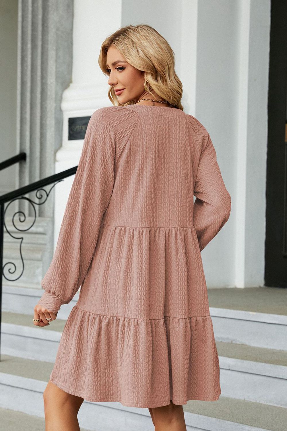 Notched Neck Long Sleeve Mini Dress - All Dresses - Shirts & Tops - 9 - 2024