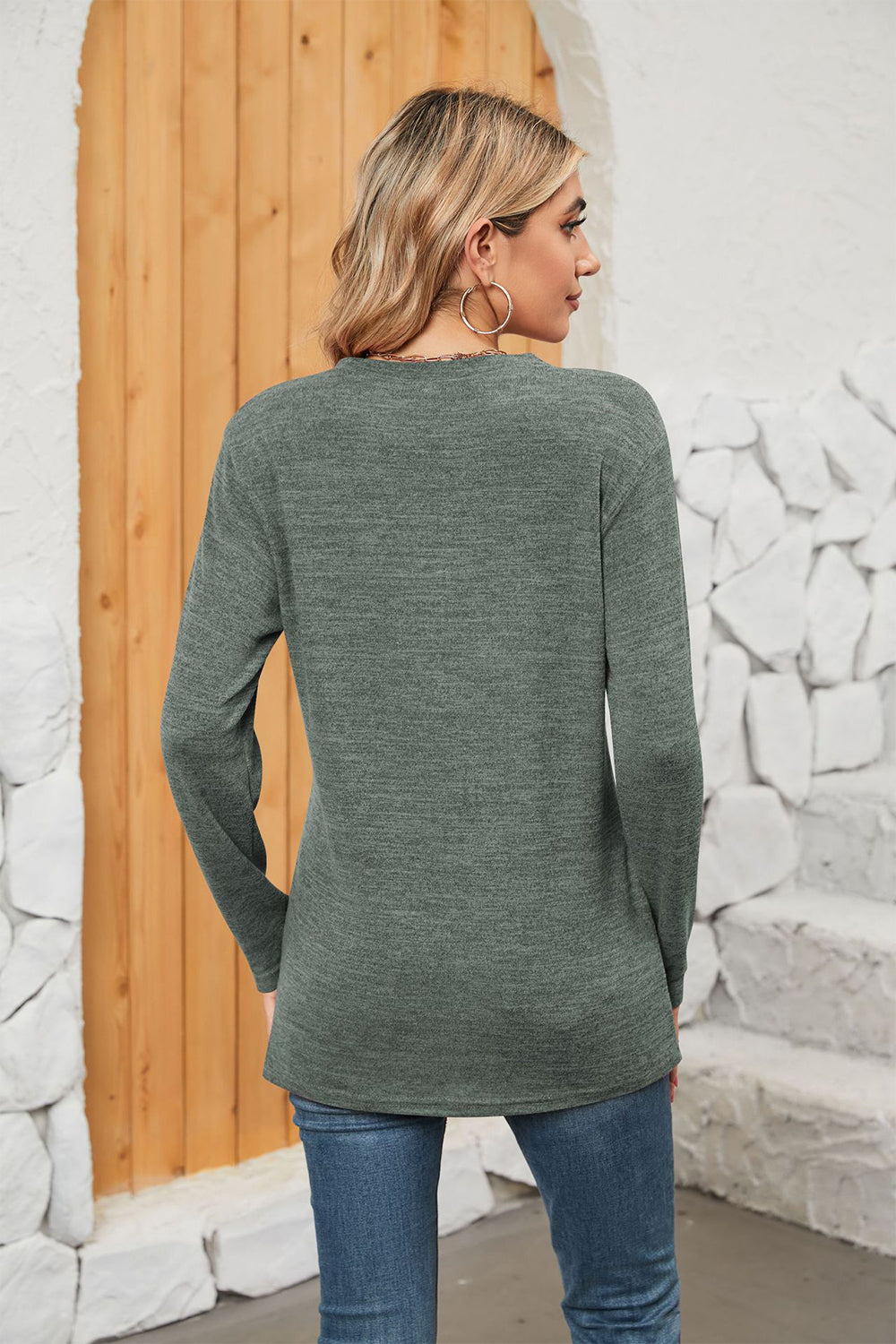 Notched Neck Long Sleeve T-Shirt - T-Shirts - Shirts & Tops - 12 - 2024