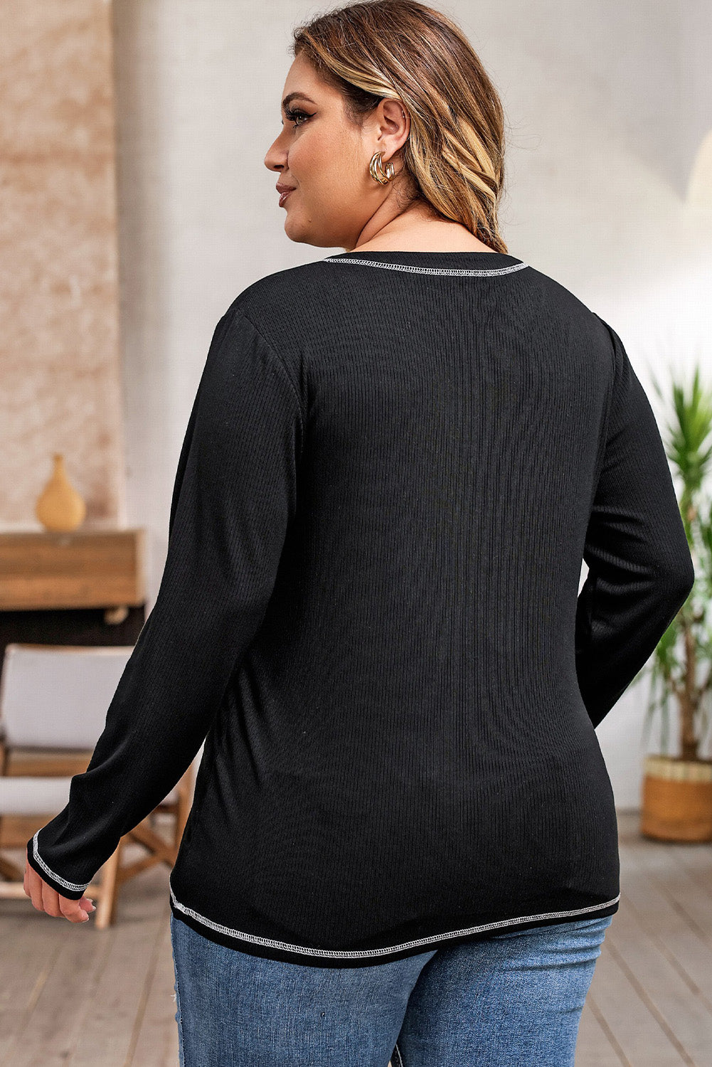 Plus Size Notched Neck Long Sleeve T-Shirt - T-Shirts - Shirts & Tops - 2 - 2024