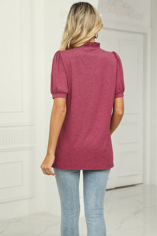 Notched Neck Puff Sleeve T-Shirt - T-Shirts - Shirts & Tops - 2 - 2024