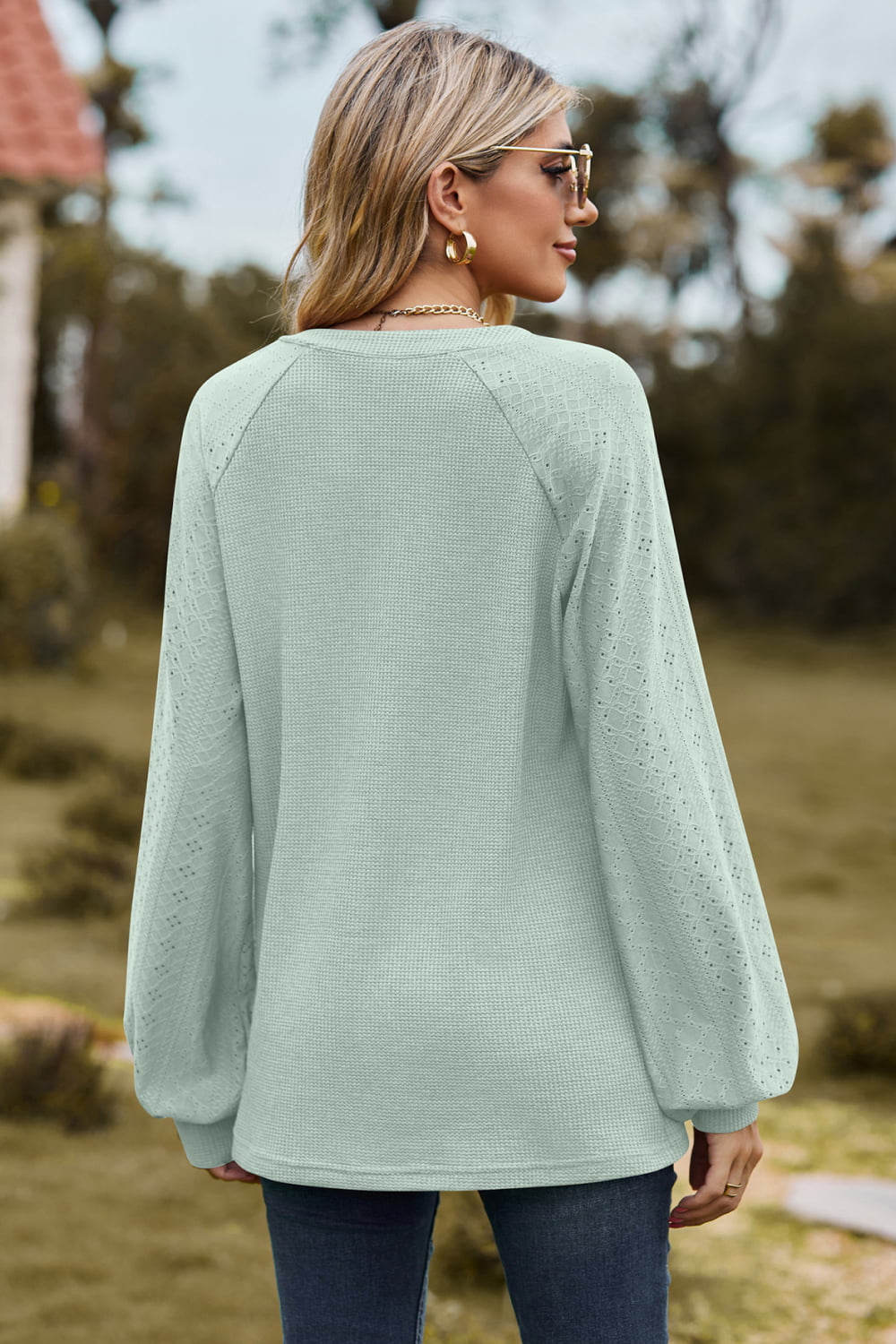 Notched Neck Raglan Sleeve Blouse - Women’s Clothing & Accessories - Shirts & Tops - 12 - 2024