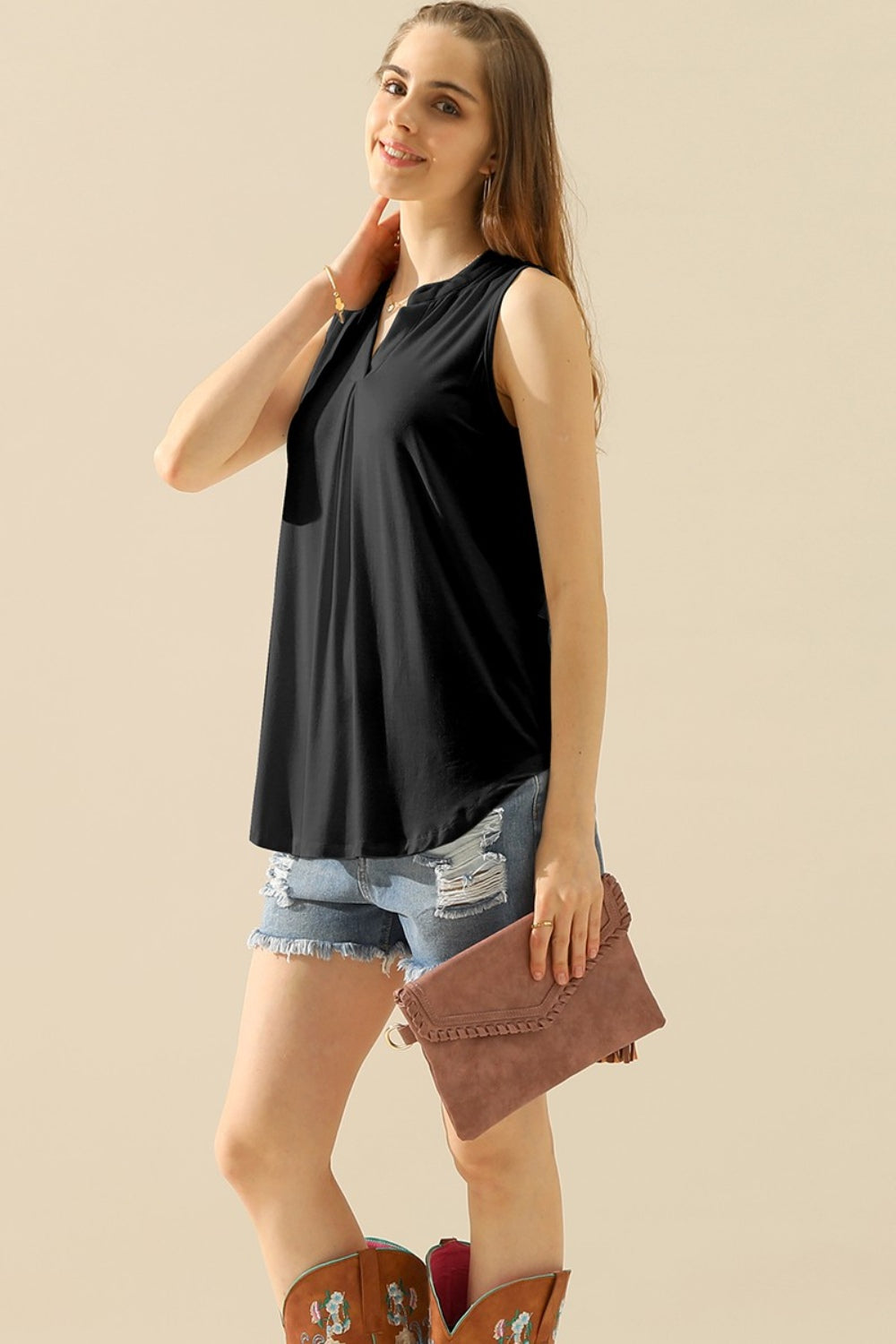 Notched Sleeveless Top - Black / S - Tops & Tees - Clothing Tops - 1 - 2024