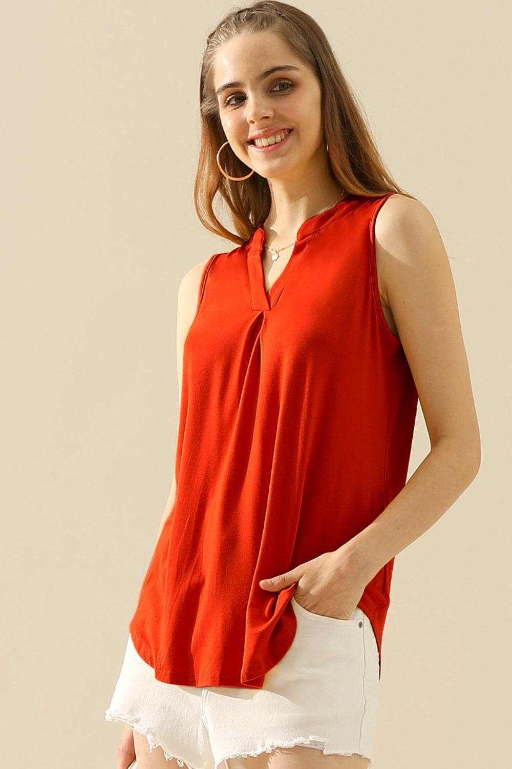 Notched Sleeveless Top - Red / S - Tops & Tees - Clothing Tops - 14 - 2024