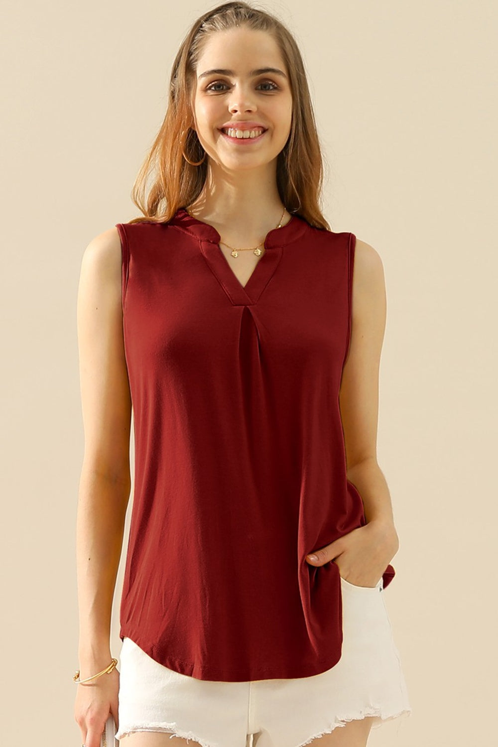 Notched Sleeveless Top - Dark Red / S - Tops & Tees - Clothing Tops - 2 - 2024