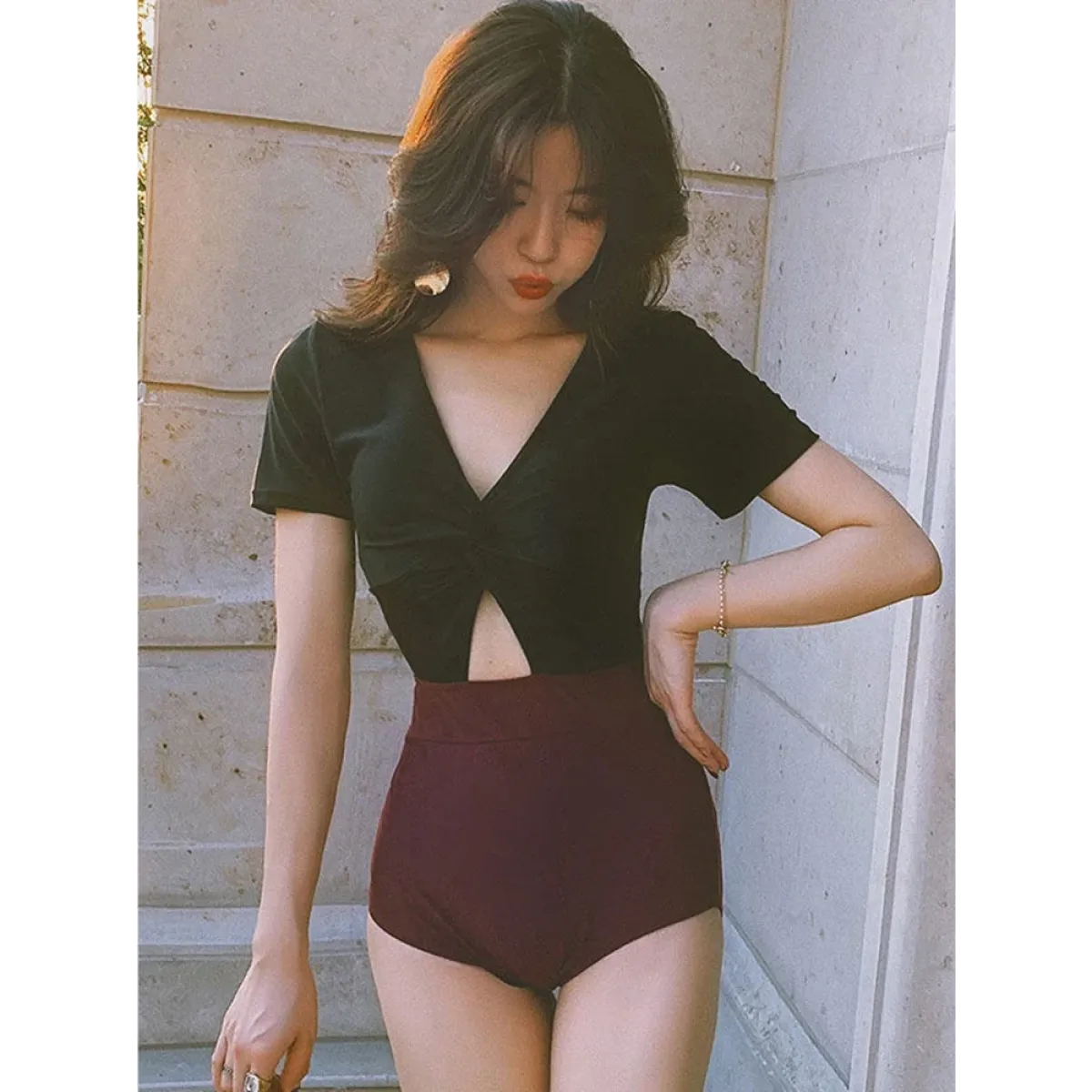 One-Piece Swimsuit – V-Neck Twist Front Cutout Design - Swimsuits - Swimwear - 1