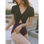 One-Piece Swimsuit – V-Neck Twist Front Cutout Design - Swimsuits - Swimwear - 2