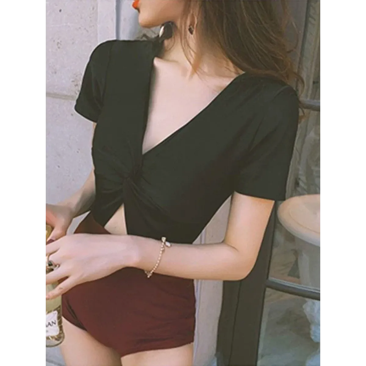 One-Piece Swimsuit – V-Neck Twist Front Cutout Design - Swimsuits - Swimwear - 3