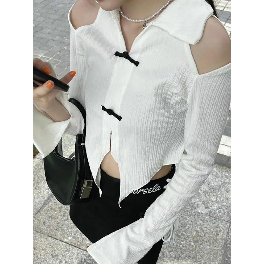 Open Shoulder Chinese Style Blouses - T-Shirts - 1