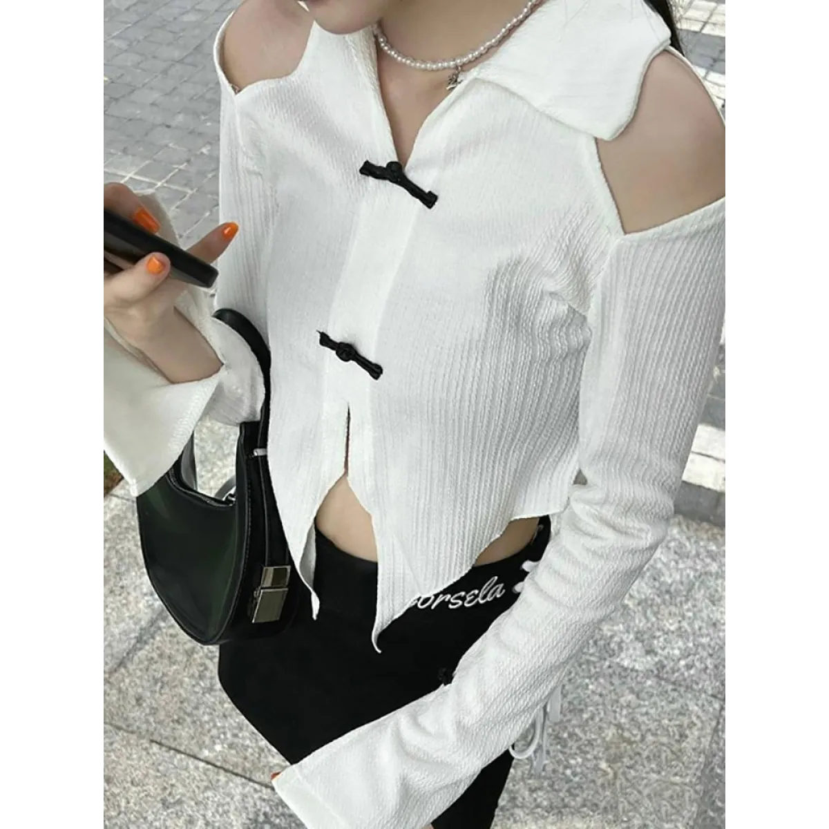 Open Shoulder Chinese Style Blouses - T-Shirts - 1