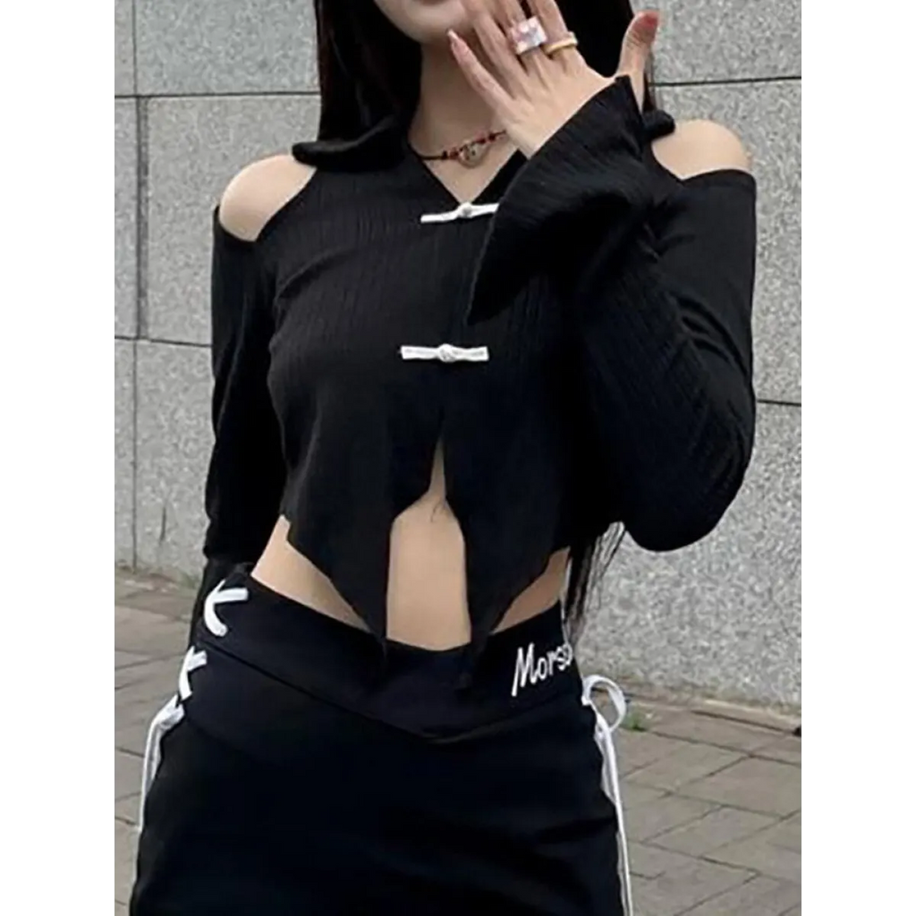 Open Shoulder Chinese Style Blouses - T-Shirts - 14