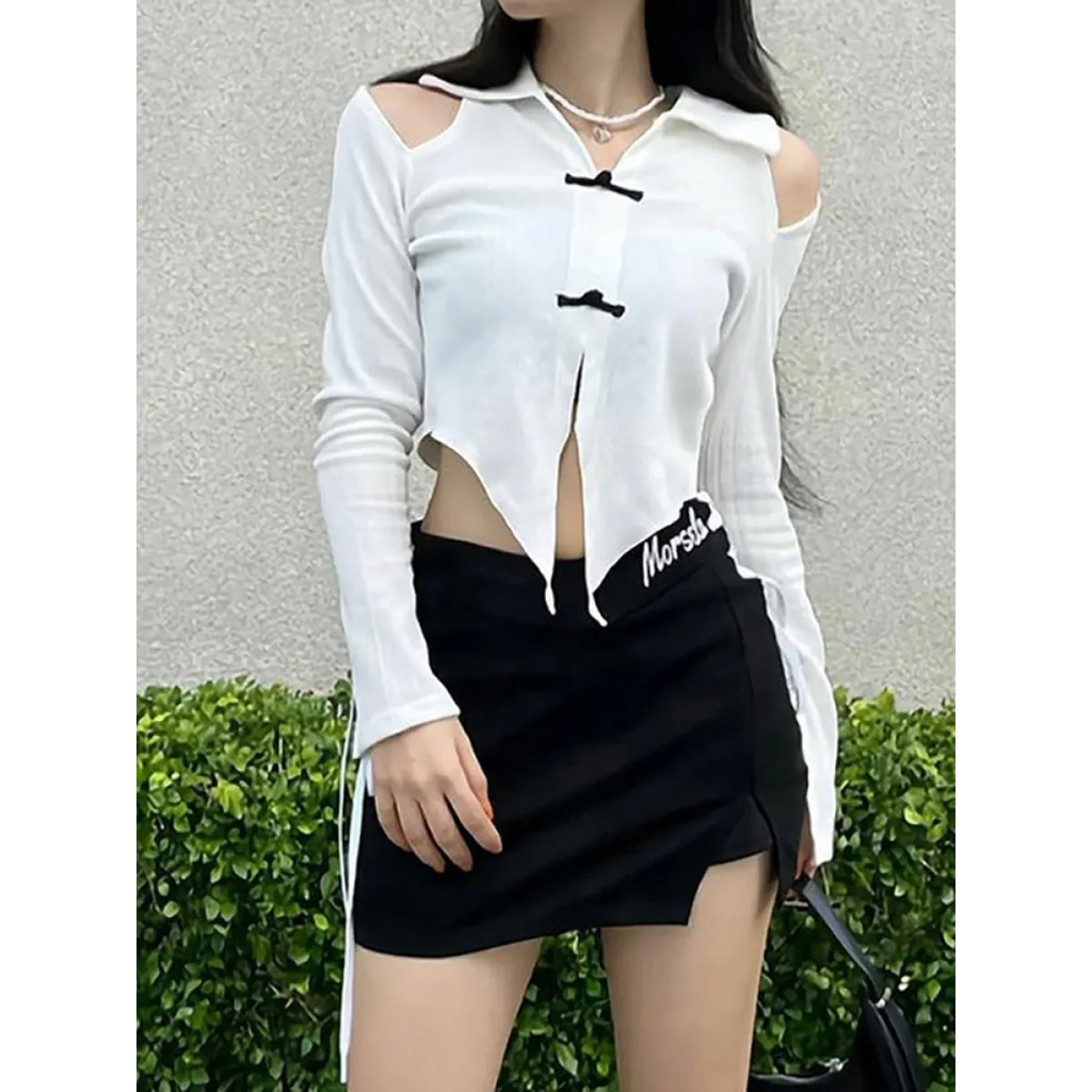 Open Shoulder Chinese Style Blouses - T-Shirts - 2