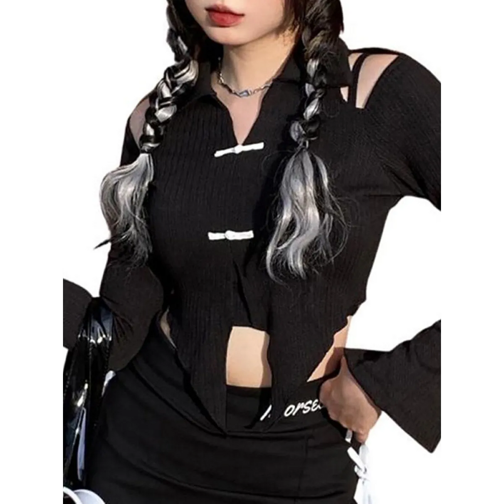 Open Shoulder Chinese Style Blouses - T-Shirts - 3