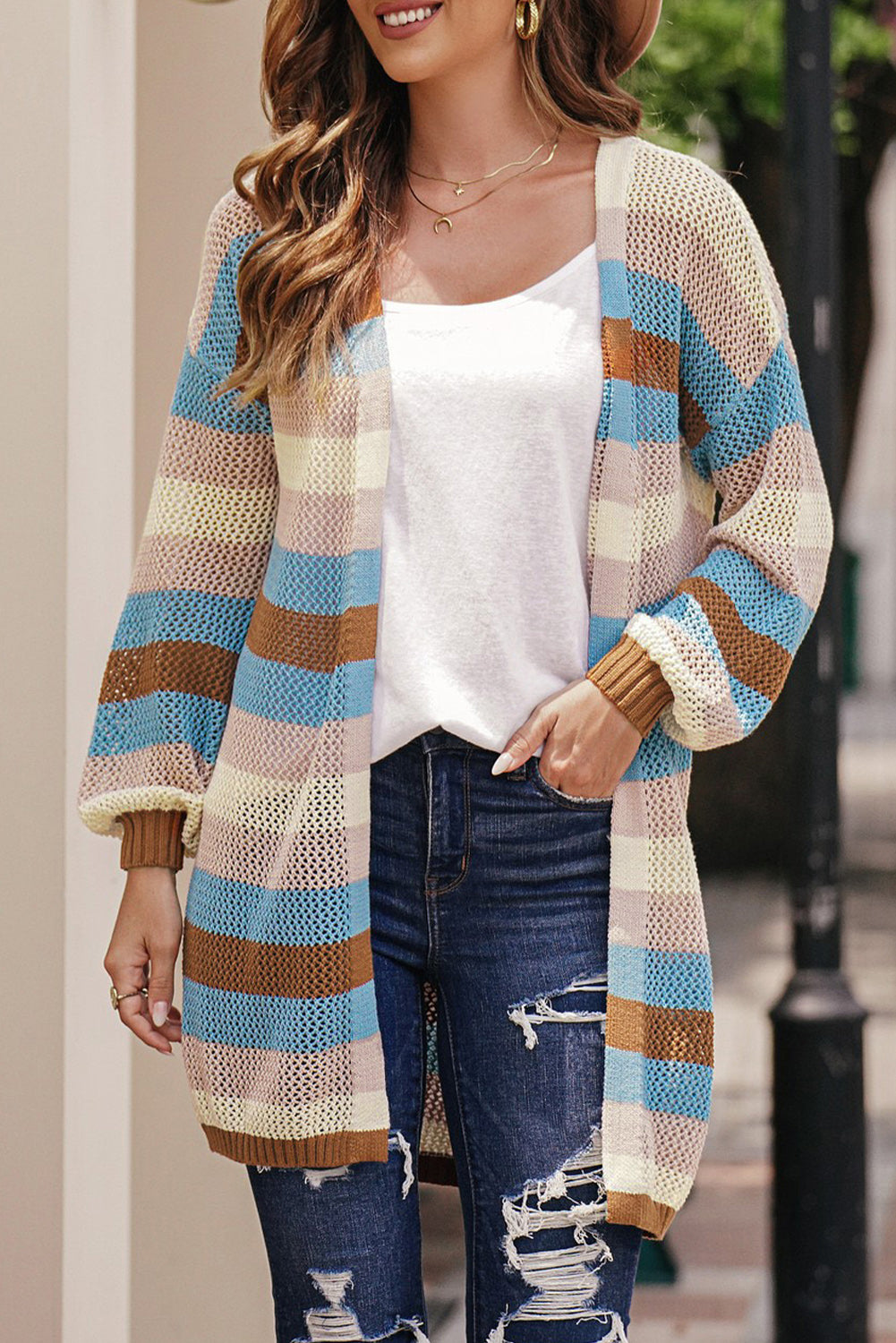 Full Size Striped Long Sleeve Openwork Cardigan - Multicolored / S - Women’s Clothing & Accessories - Shirts & Tops