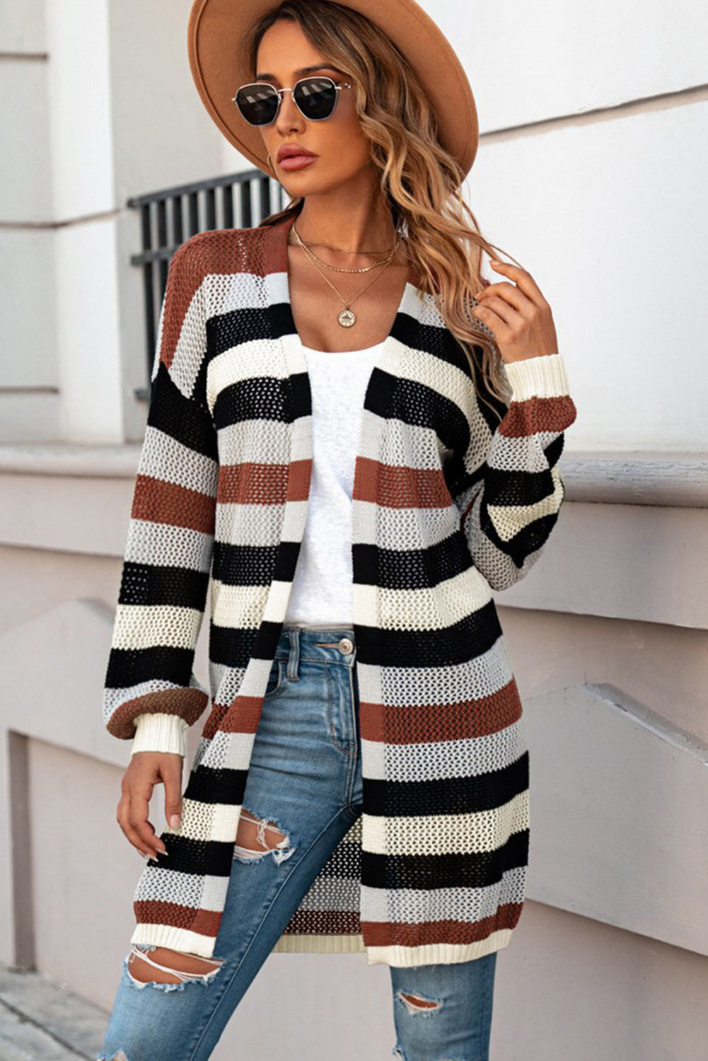 Full Size Striped Long Sleeve Openwork Cardigan - Women’s Clothing & Accessories - Shirts & Tops - 3 - 2024