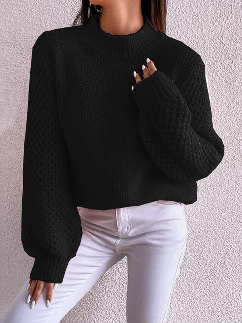 Openwork Mock Neck Long Sleeve Sweater - Black / S - Sweaters - Shirts & Tops - 7 - 2024