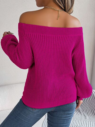 Openwork Off-Shoulder Long Sleeve Sweater - Sweaters - Shirts & Tops - 2 - 2024