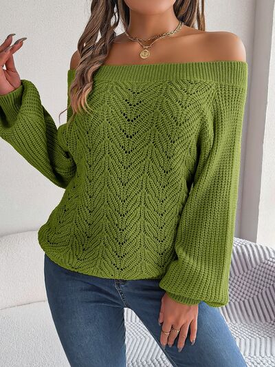 Openwork Off-Shoulder Long Sleeve Sweater - Sweaters - Shirts & Tops - 6 - 2024