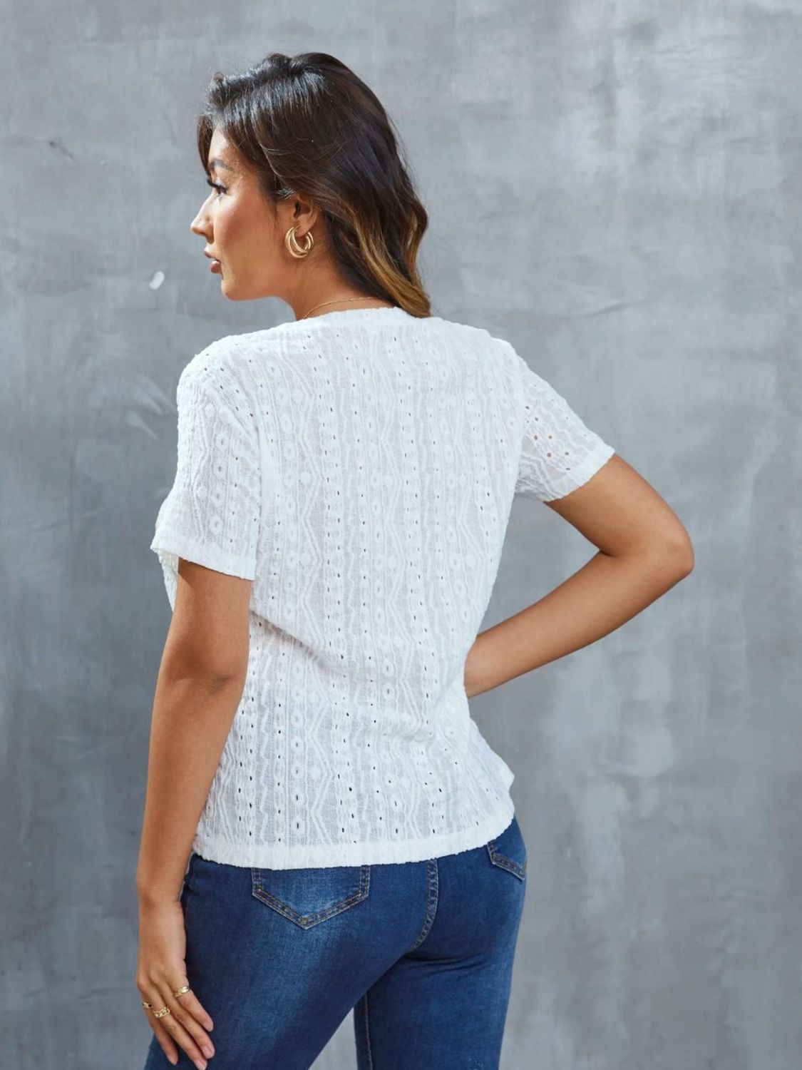 Openwork Short Sleeve Round Neck Top - T-Shirts - Shirts & Tops - 2 - 2024