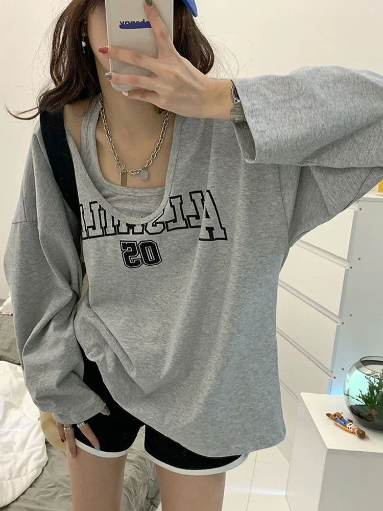 Oversized Halter Letter Print Sweatshirt - Gray / L / CHINA - T-Shirts - Shirts & Tops - 2 - 2024