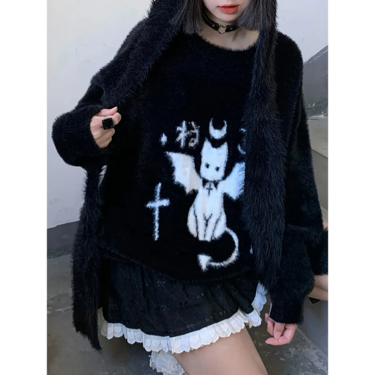 Harajuku Gothic Bat Cat Oversized Knit Sweater - Sweaters - Sweater / Pullover - 2