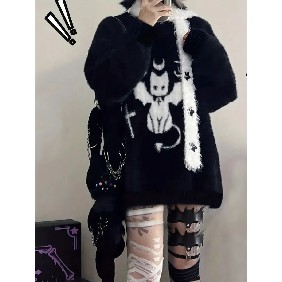 Harajuku Gothic Bat Cat Oversized Knit Sweater - Sweaters - Sweater / Pullover - 4