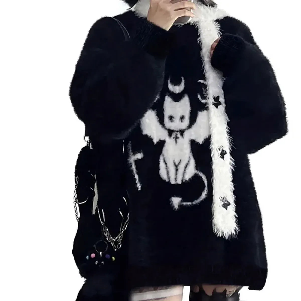 Harajuku Gothic Bat Cat Oversized Knit Sweater - Sweaters - Sweater / Pullover - 6