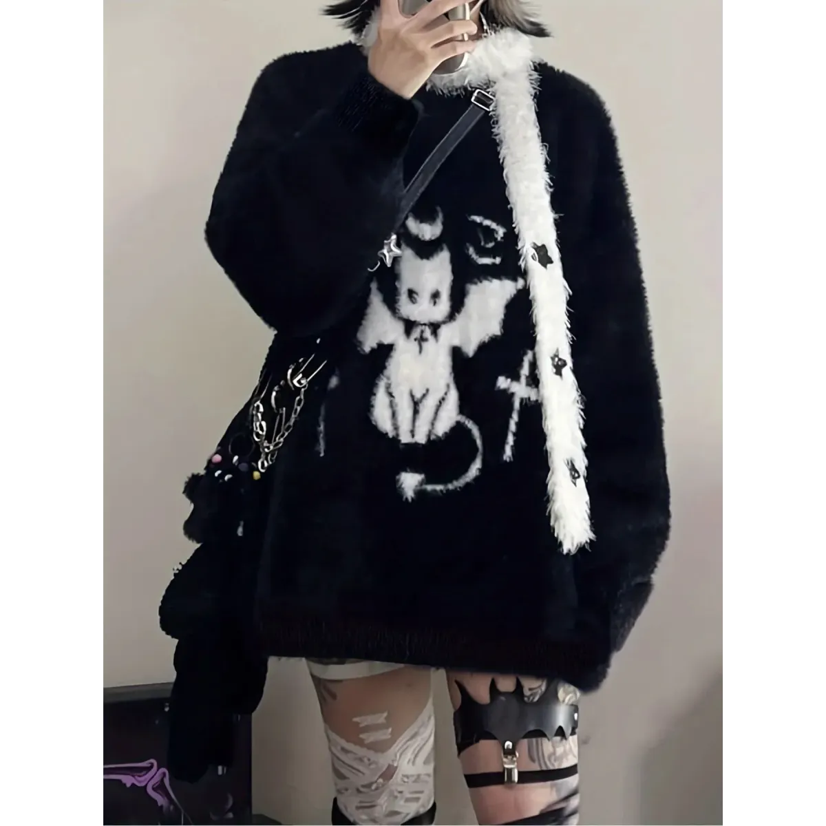 Harajuku Gothic Bat Cat Oversized Knit Sweater - Sweaters - Sweater / Pullover - 5