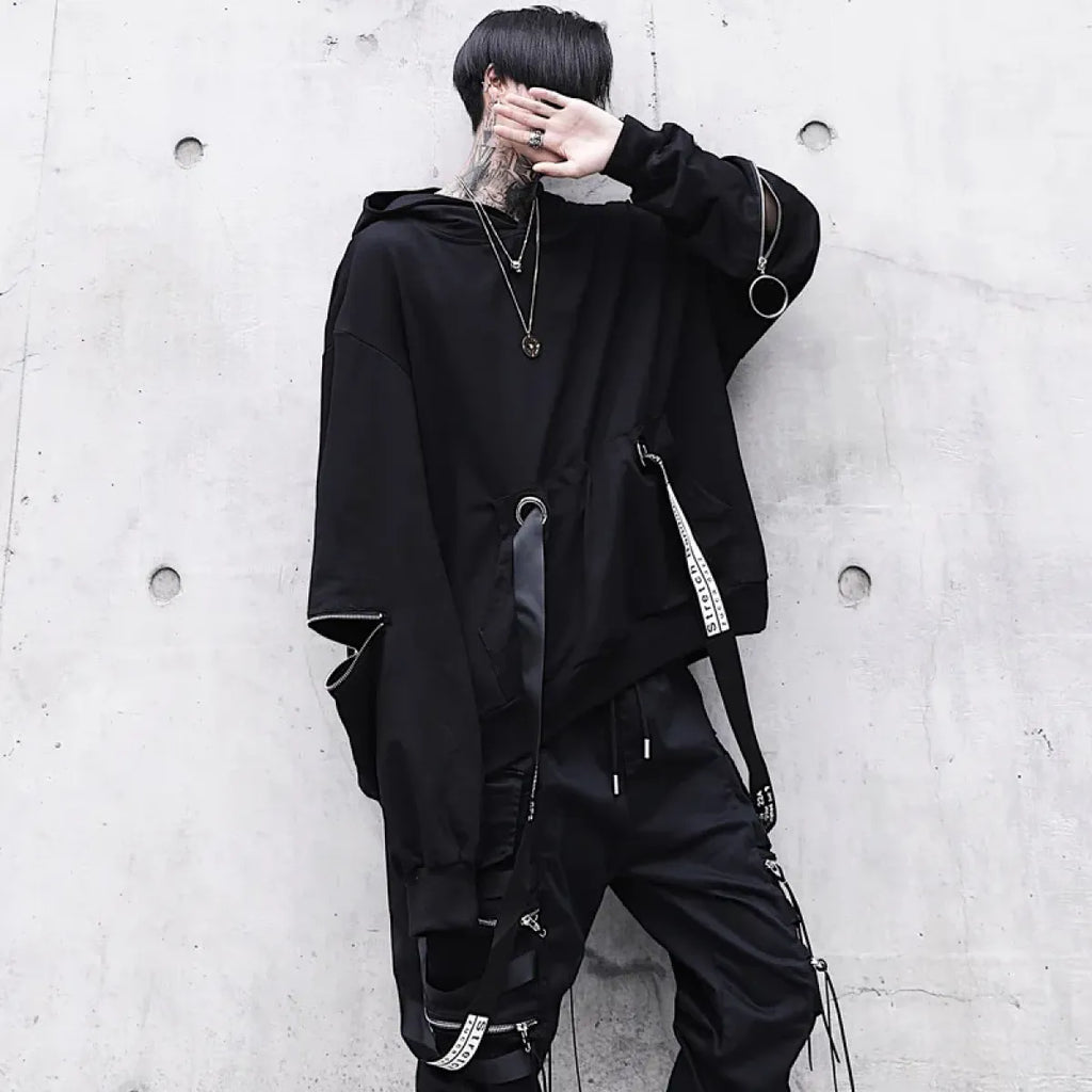 Oversized Ribbon Techwear Black Hoodie - Hoodies & Sweatshirts - 2