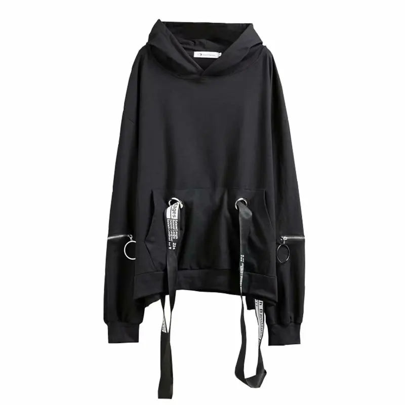 Oversized Ribbon Techwear Black Hoodie - Hoodies & Sweatshirts - Coats & Jackets - 6 - 2024