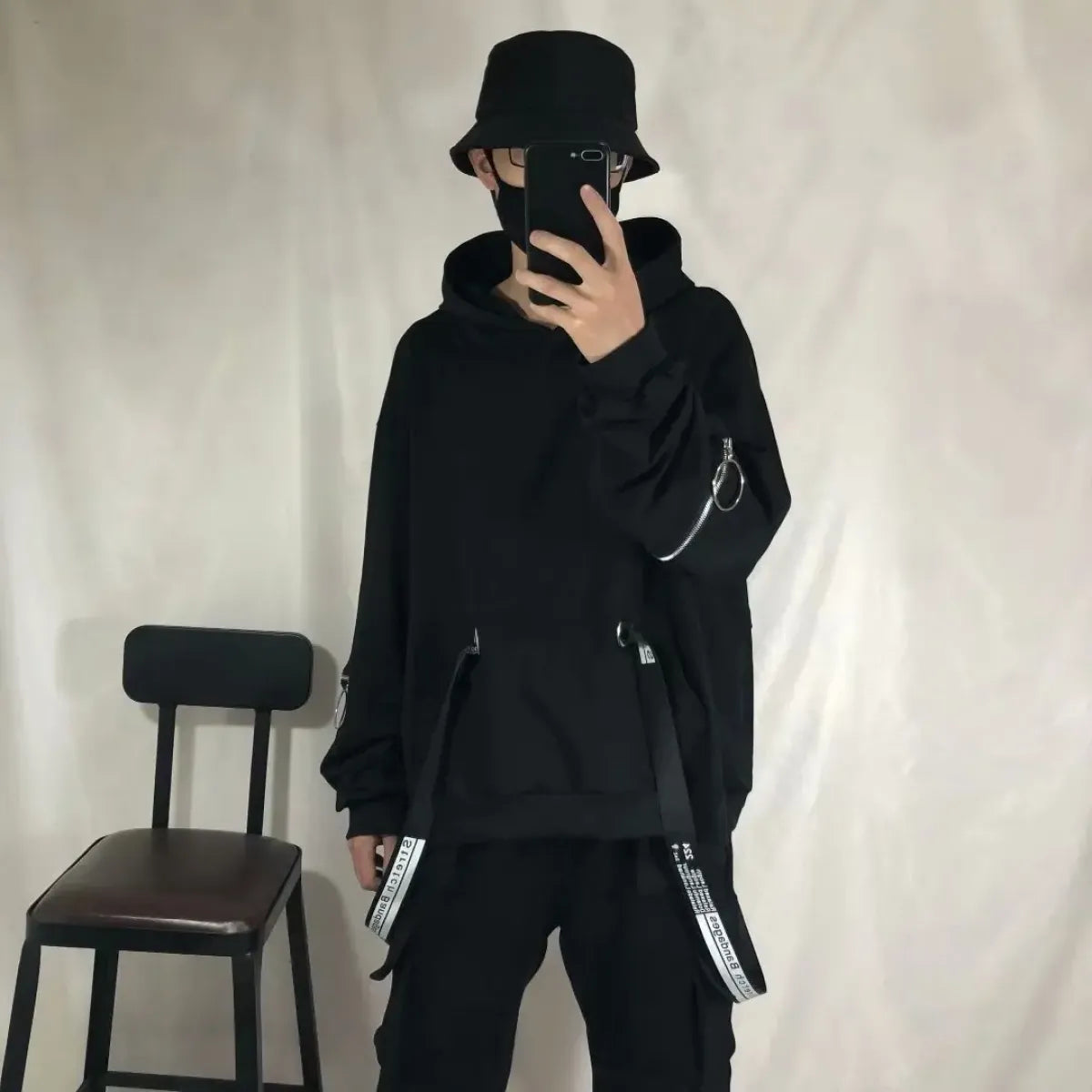 Oversized Ribbon Techwear Black Hoodie - Hoodies & Sweatshirts - 7
