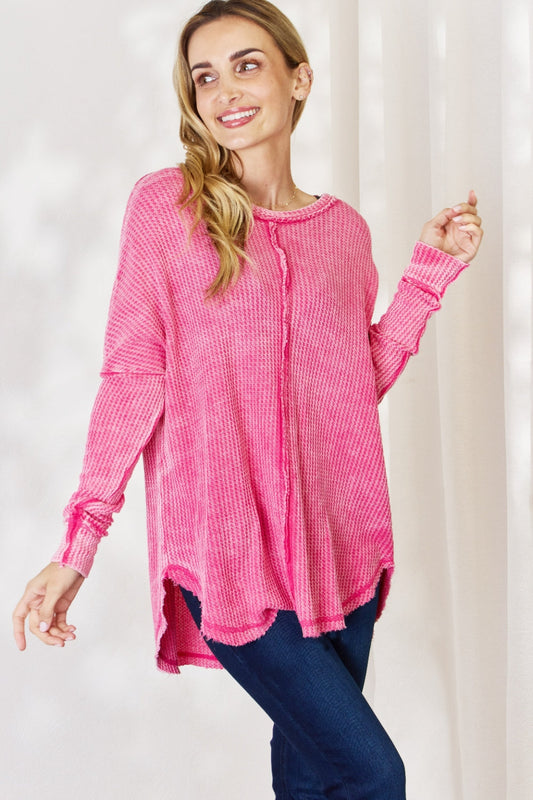 Oversized Washed Waffle Long Sleeve Top - Pink / S/M - Tops & Tees - Clothing Tops - 1 - 2024