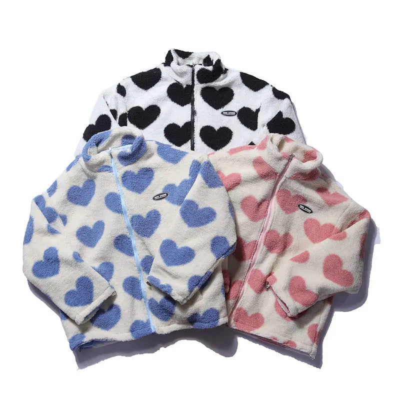 Heart Print Fleece Jacket – Oversized Y2K Lambswool Coat for Men and Women - Women’s Clothing & Accessories