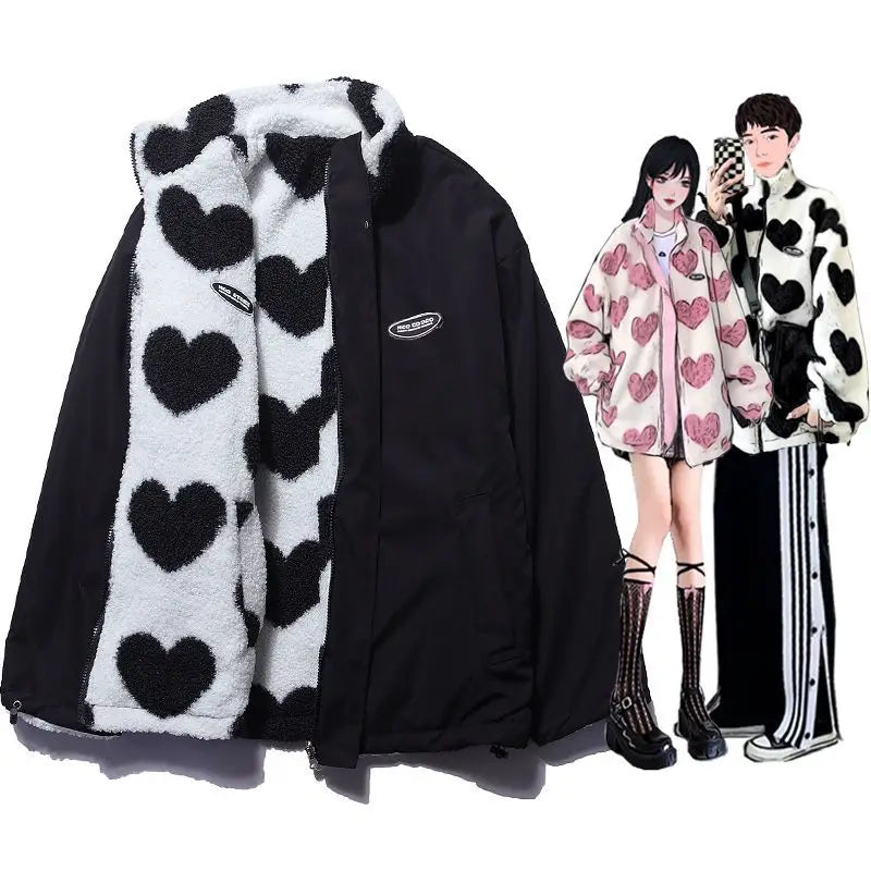 Heart Print Fleece Jacket – Oversized Y2K Lambswool Coat for Men and Women - Women’s Clothing & Accessories