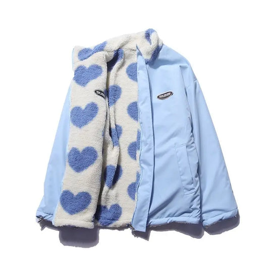 Heart Print Fleece Jacket – Oversized Y2K Lambswool Coat for Men and Women - Blue / S - Women’s Clothing &