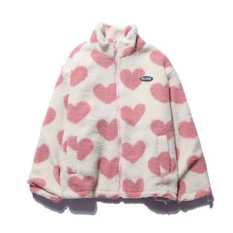 Heart Print Fleece Jacket – Oversized Y2K Lambswool Coat for Men and Women - Women’s Clothing & Accessories