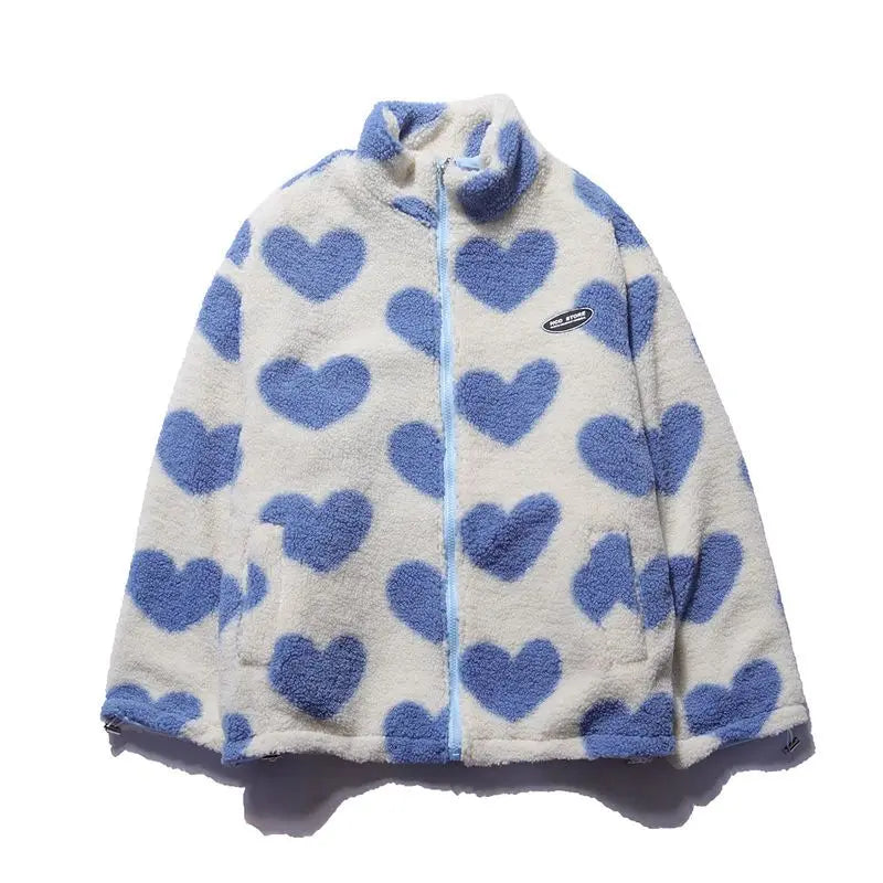 Heart Print Fleece Jacket – Oversized Y2K Lambswool Coat for Men and Women - Women’s Clothing & Accessories