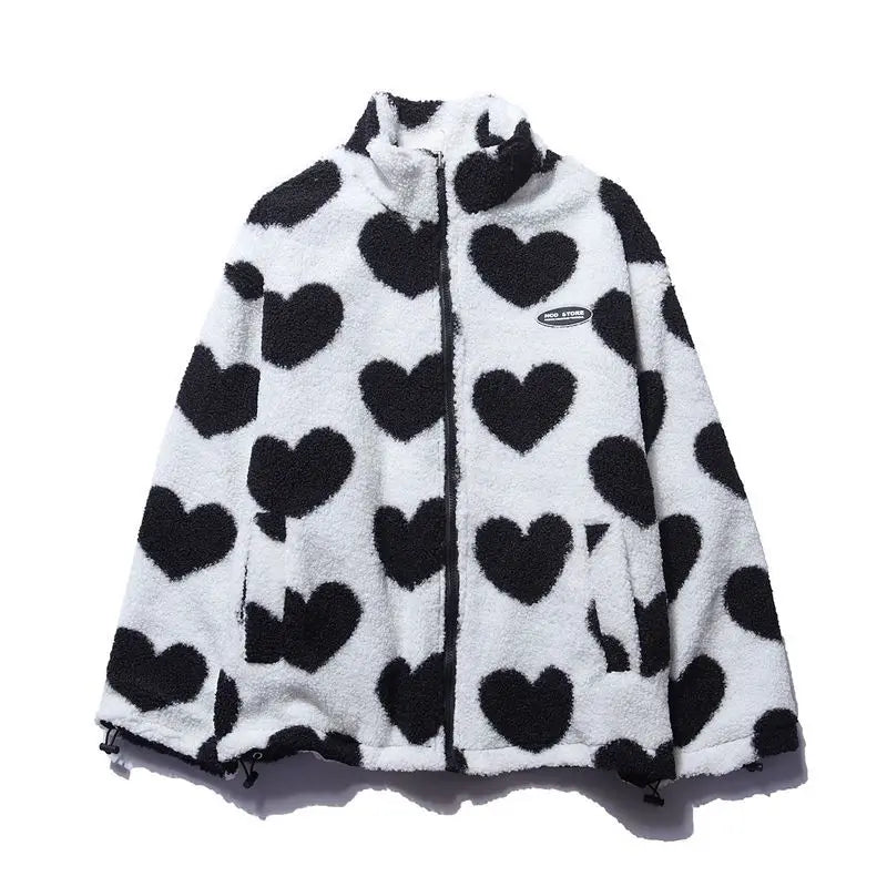 Heart Print Fleece Jacket – Oversized Y2K Lambswool Coat for Men and Women - Women’s Clothing & Accessories