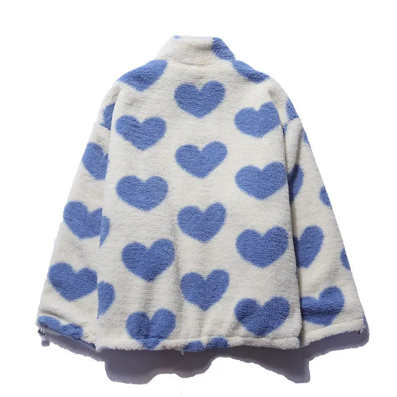 Heart Print Fleece Jacket – Oversized Y2K Lambswool Coat for Men and Women - Women’s Clothing & Accessories