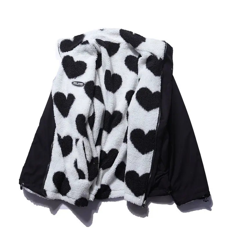 Heart Print Fleece Jacket – Oversized Y2K Lambswool Coat for Men and Women - Women’s Clothing & Accessories