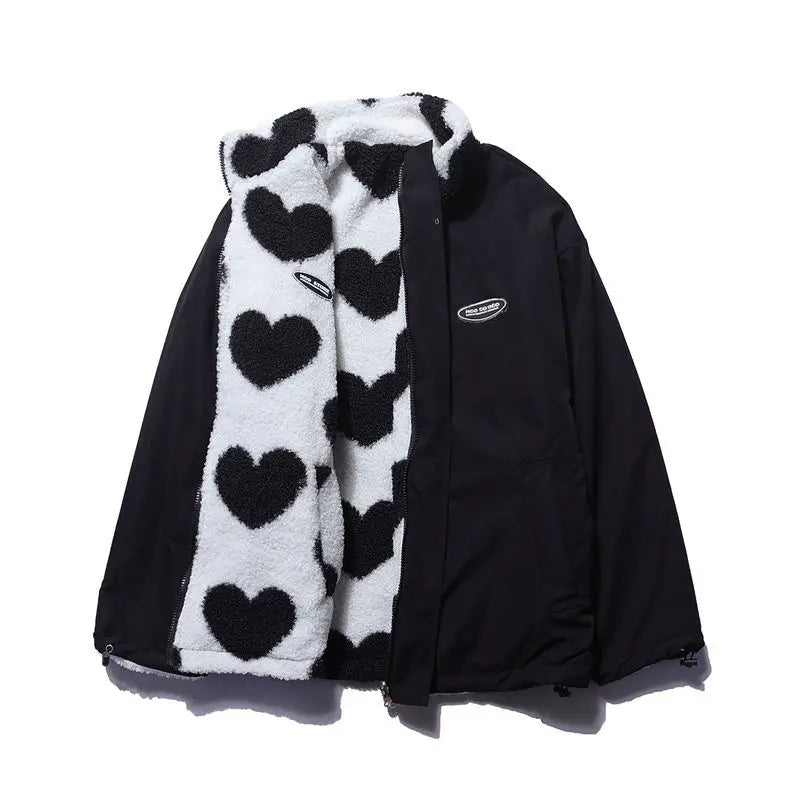 Heart Print Fleece Jacket – Oversized Y2K Lambswool Coat for Men and Women - Black / S - Women’s Clothing &