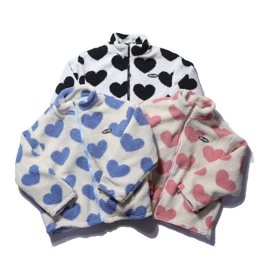 Heart Print Fleece Jacket – Oversized Y2K Lambswool Coat for Men and Women - Women’s Clothing & Accessories