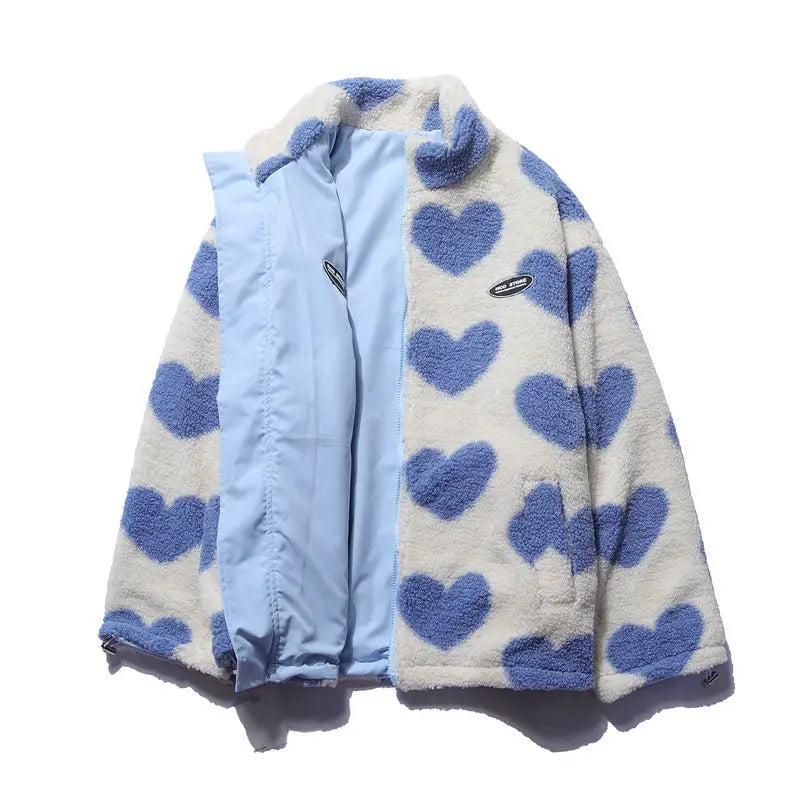 Heart Print Fleece Jacket – Oversized Y2K Lambswool Coat for Men and Women - Women’s Clothing & Accessories