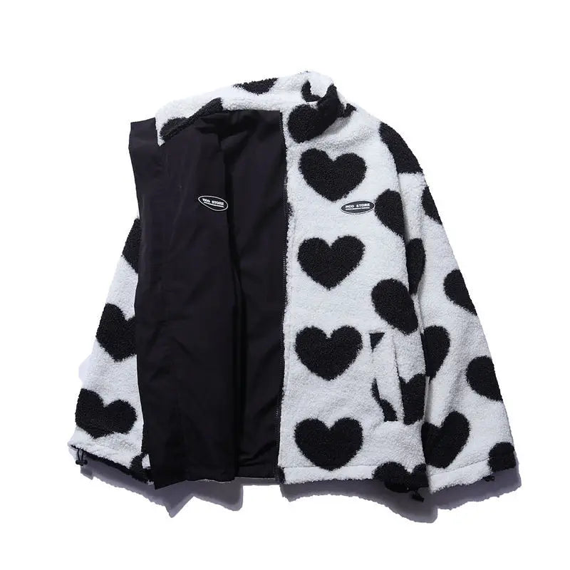 Heart Print Fleece Jacket – Oversized Y2K Lambswool Coat for Men and Women - Women’s Clothing & Accessories